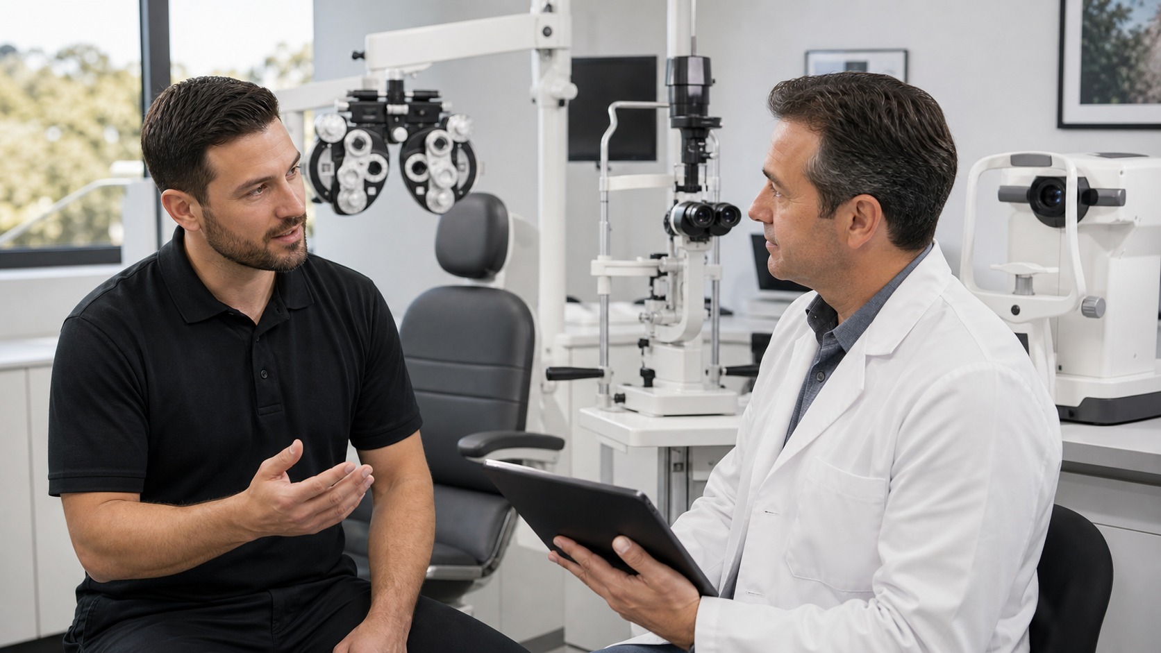 AMS technician discussing service planning with a physician